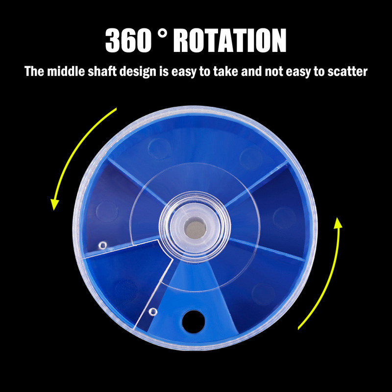 Uus multifunktsionaalne sinine mini 5/6 võrega ümmargune tarvikute hoiukohver Kaasaskantav läbipaistev 360° pöörlev lendav kalastustarvete kast