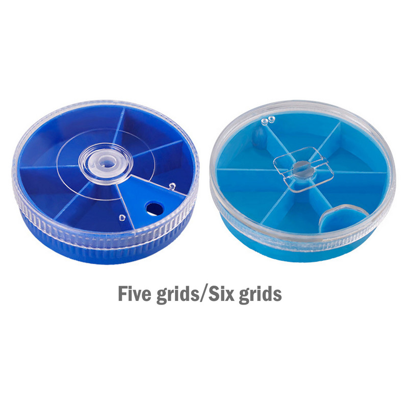 Uus multifunktsionaalne sinine mini 5/6 võrega ümmargune tarvikute hoiukohver Kaasaskantav läbipaistev 360° pöörlev lendav kalastustarvete kast