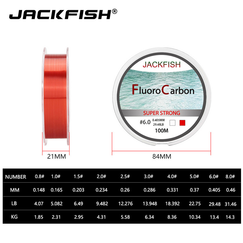JACKFISH 100M Fluorocarbon horgászzsinór piros/átlátszó két szín 4-32LB Carbon Fiber Leader Line legyező damil pesca