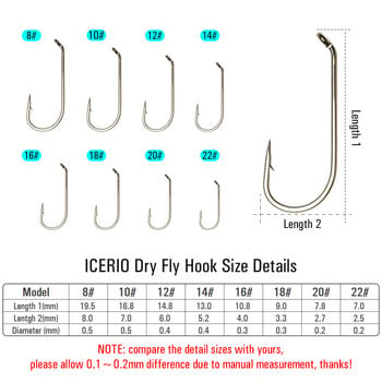 ICERIO 100PCS Nymphs Dry Wet Fly Tiing Hook Down Eye 1X дълга дръжка с кръгло огъване Куки за риболов на пъстърва