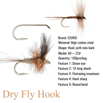 ICERIO 100PCS Nymphs Dry Wet Fly Tiing Hook Down Eye 1X дълга дръжка с кръгло огъване Куки за риболов на пъстърва