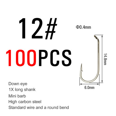 ICERIO 100PCS Nymphs Dry Wet Fly Tying Hook Down Eye 1X Long Shnk Στρογγυλή στροφή Πέστροφα Αγκίστρια ψαρέματος