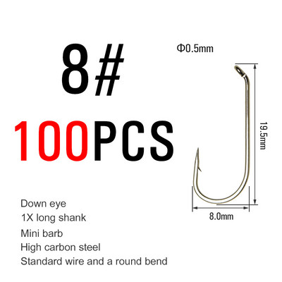ICERIO 100PCS Nymphs Dry Wet Fly Tying Hook Down Eye 1X Long Shnk Στρογγυλή στροφή Πέστροφα Αγκίστρια ψαρέματος