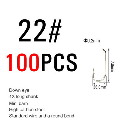 ICERIO 100PCS Nymphs Dry Wet Fly Tying Hook Down Eye 1X Long Shnk Στρογγυλή στροφή Πέστροφα Αγκίστρια ψαρέματος