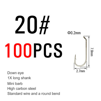 ICERIO 100PCS Nymphs Dry Wet Fly Tying Hook Down Eye 1X Long Shnk Στρογγυλή στροφή Πέστροφα Αγκίστρια ψαρέματος
