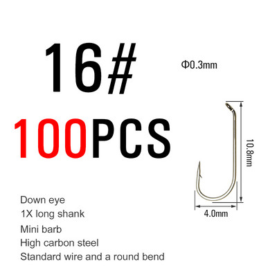 ICERIO 100PCS Nymphs Dry Wet Fly Tying Hook Down Eye 1X Long Shnk Στρογγυλή στροφή Πέστροφα Αγκίστρια ψαρέματος
