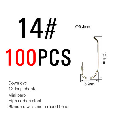 ICERIO 100PCS Nymphs Dry Wet Fly Tying Hook Down Eye 1X Long Shnk Στρογγυλή στροφή Πέστροφα Αγκίστρια ψαρέματος