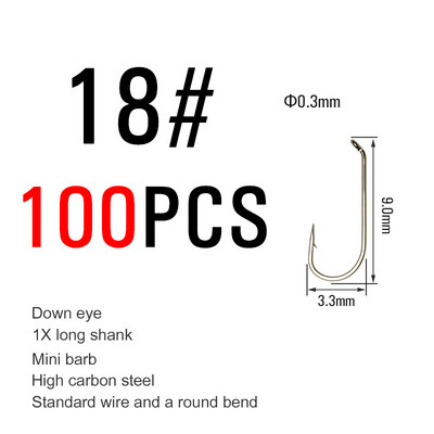 ICERIO 100PCS Nymphs Dry Wet Fly Tying Hook Down Eye 1X Long Shnk Στρογγυλή στροφή Πέστροφα Αγκίστρια ψαρέματος