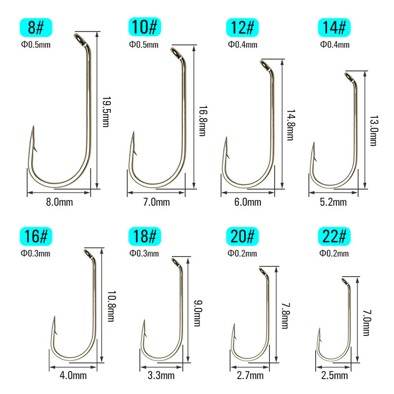 ICERIO 100PCS Nymphs Dry Wet Fly Tying Hook Down Eye 1X Long Shnk Στρογγυλή στροφή Πέστροφα Αγκίστρια ψαρέματος