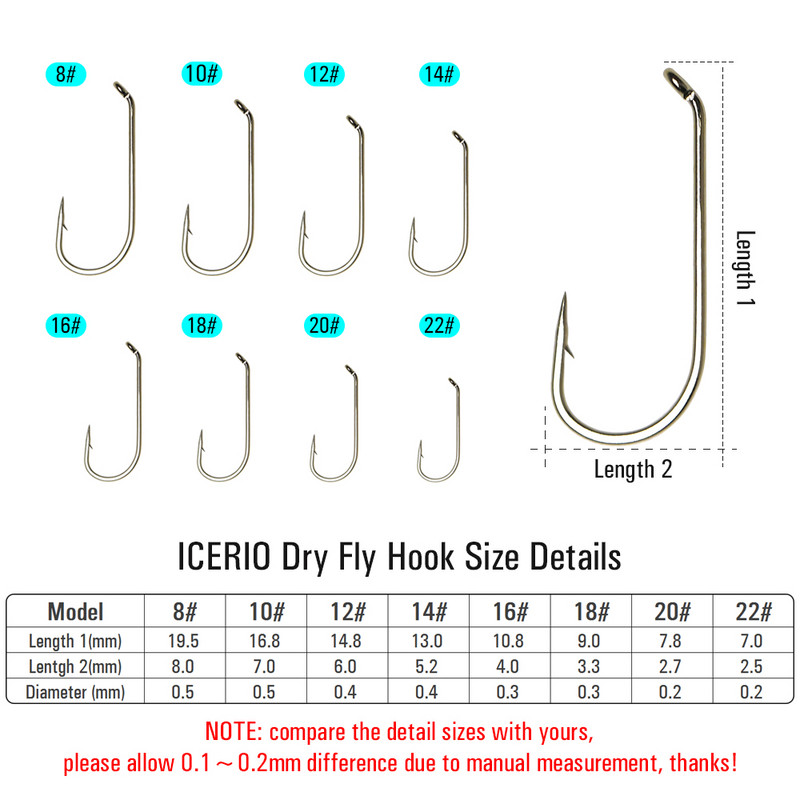 ICERIO 100PCS Nymphs Dry Wet Fly Tying Hook Down Eye 1X Long Shnk Στρογγυλή στροφή Πέστροφα Αγκίστρια ψαρέματος