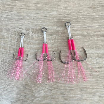 10 Pairs Metal Jig Assist Hook Pink Double Hooks Feather High Carbon Steel Sea Fishing Hook Slow Jigging Peche