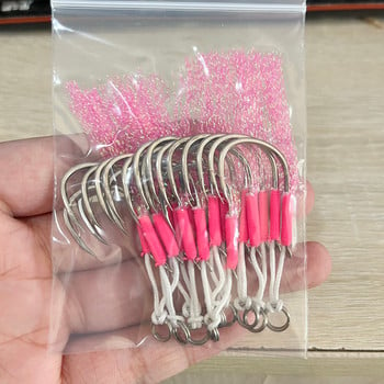 10 Pairs Metal Jig Assist Hook Pink Double Hooks Feather High Carbon Steel Sea Fishing Hook Slow Jigging Peche