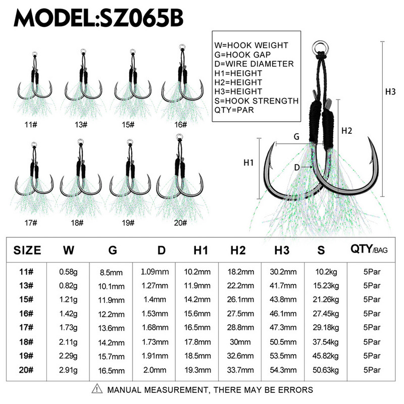 KATYUSHA 5 Ζεύγος/παρτίδα Jigging Fishing Assist Hooks 11-13-15-16-17-18-19-20# Φωτεινές υπεριώδεις ακτίνες, διπλά αγκαθωτά αγκίστρια ψαριών με λαμπερό φτερό