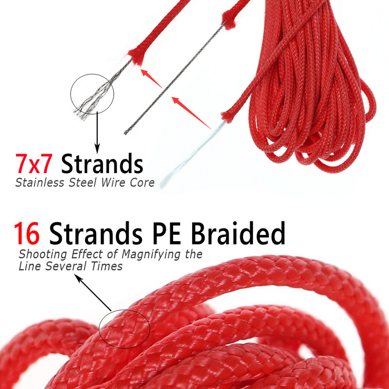 Bimoo 10M 90/120/150LB ülitugev PE punutud roostevabast terasest traadist südamiku abistav jigging konks õngenööri abijuhe valge punane