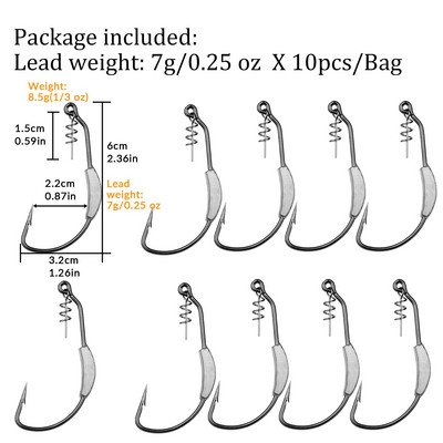 10 buc/lot cârlige cârlige de înot ponderate fără buruieni cârlige de pescuit cu cap de gabarit cu cârlig de vierme din plastic moale Twistlock pentru apă dulce de apă sărată