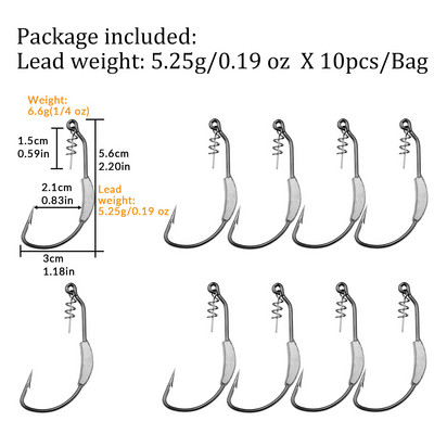 10 buc/lot cârlige cârlige de înot ponderate fără buruieni cârlige de pescuit cu cap de gabarit cu cârlig de vierme din plastic moale Twistlock pentru apă dulce de apă sărată