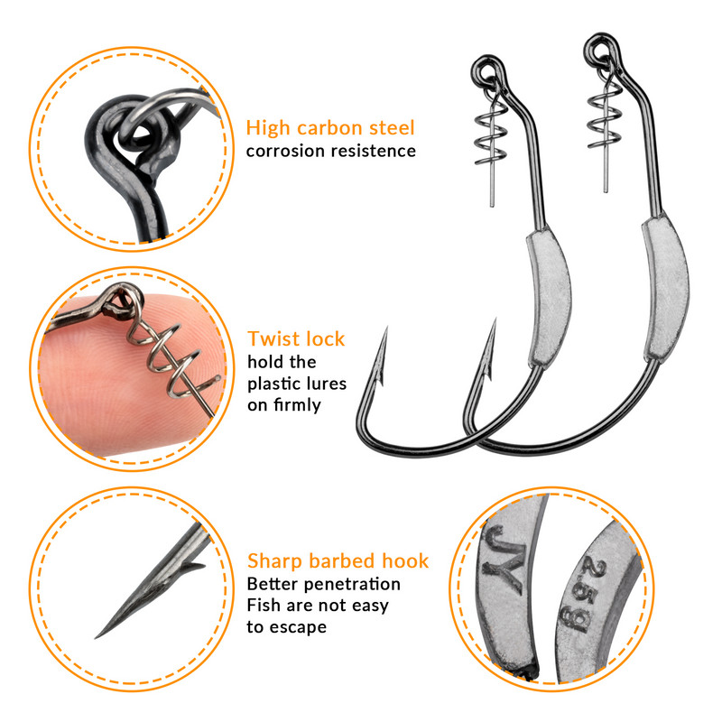10 buc/lot cârlige cârlige de înot ponderate fără buruieni cârlige de pescuit cu cap de gabarit cu cârlig de vierme din plastic moale Twistlock pentru apă dulce de apă sărată