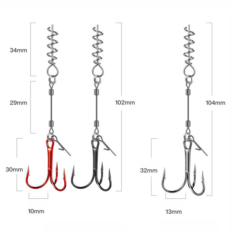 3 tk kalapüügi kolmikkonksud koos keskmise vedrutihvtiga Twistlock kruvidega pehme landi jaoks Kõrge süsinikusisaldusega terasest kolmikkonks Bass Carp Pesca