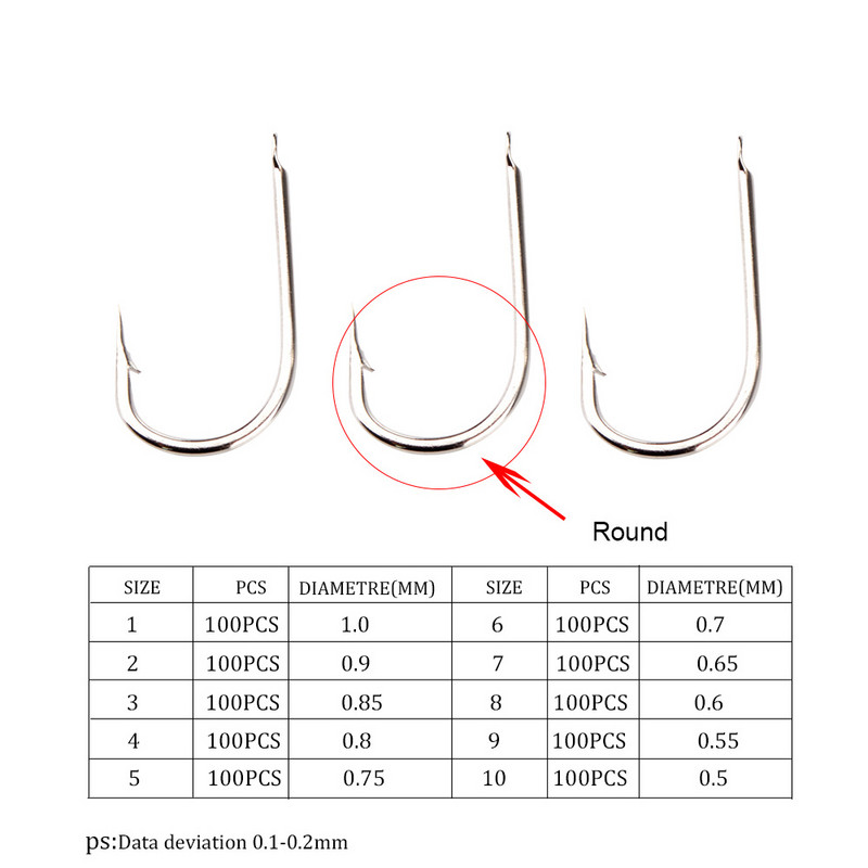 100 tk/partii Kõrge süsinikusisaldusega teras 521N õngekonksud Lamedad ümmargused painutatud konksud Karpkalapüügi tarvikud Peibutis Jig Pea okastkonks