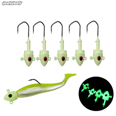 5gab Glow Fishing Jig Heads 7g 10g 14g 20g Fishing Hook Lead Jig Lure Cietās ēsmas Mīkstās tārpu makšķerēšanas piederumu piederumi