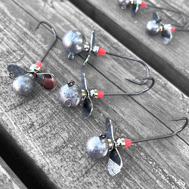 Spinpoler horgászfúrófejek propellerrel, kerek golyós horoggal Crappie Wallleye Jigs fejek horgok basszushoz édesvízi sósvíz