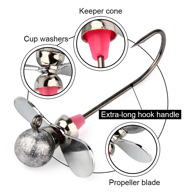 Spinpoler horgászfúrófejek propellerrel, kerek golyós horoggal Crappie Wallleye Jigs fejek horgok basszushoz édesvízi sósvíz