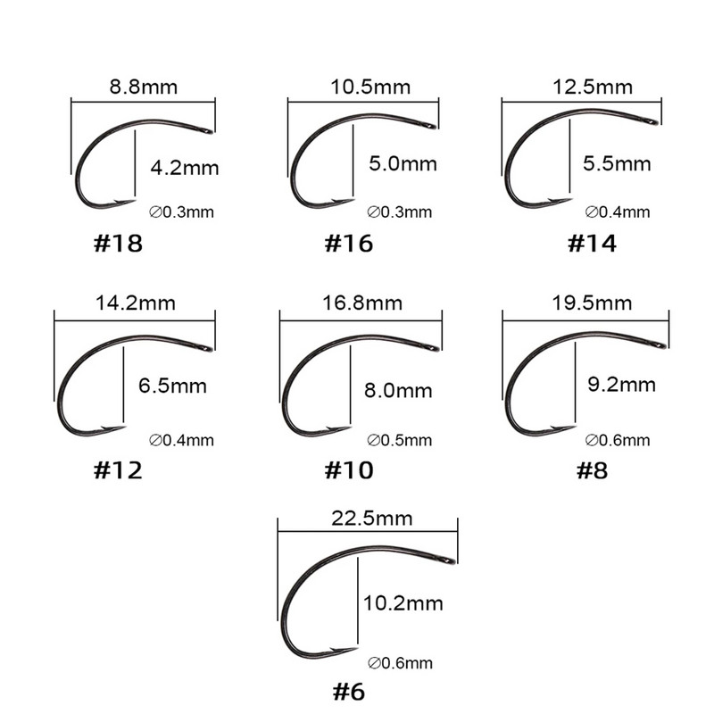 WIFREO 50db széles résű szögesszögű légykötő horog egyenes szemű, folyamatos hajlítású horgászhorgok Caddis Emergers száraz légykötő horog