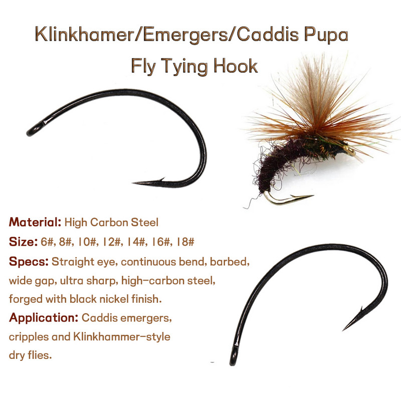 WIFREO 50db széles résű szögesszögű légykötő horog egyenes szemű, folyamatos hajlítású horgászhorgok Caddis Emergers száraz légykötő horog