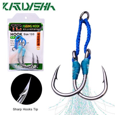 KATYUSHA 1Pack Jig Makšķerēšanas āķi 1/0-3/0-5/0-7/0-9/0-11/0-13/0# Nerūsējošā tērauda āķi Dubulti dvīņu āķi Lēni spalvu āķi