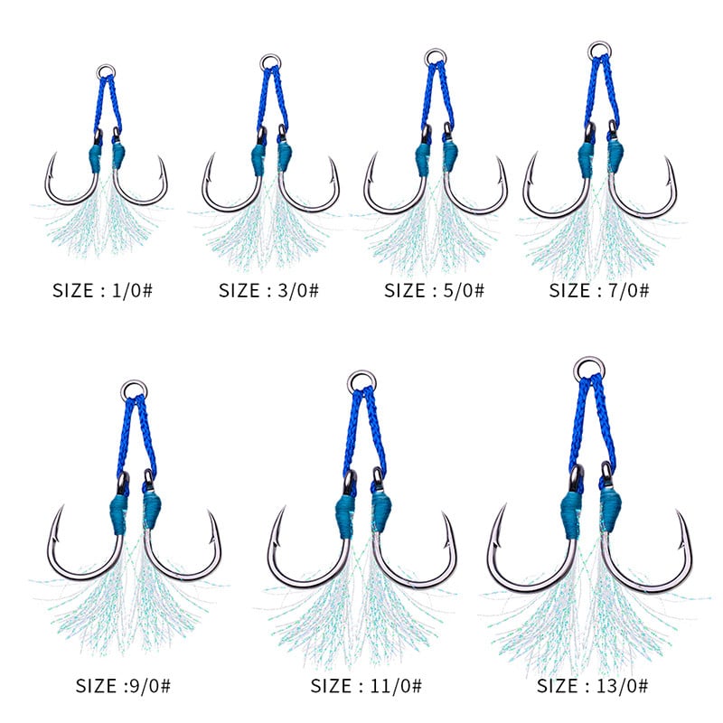 KATYUSHA 1Pack Jig horgász horgok 1/0-3/0-5/0-7/0-9/0-11/0-13/0# Rozsdamentes acél horgok dupla iker horgok lassú tollú horgok