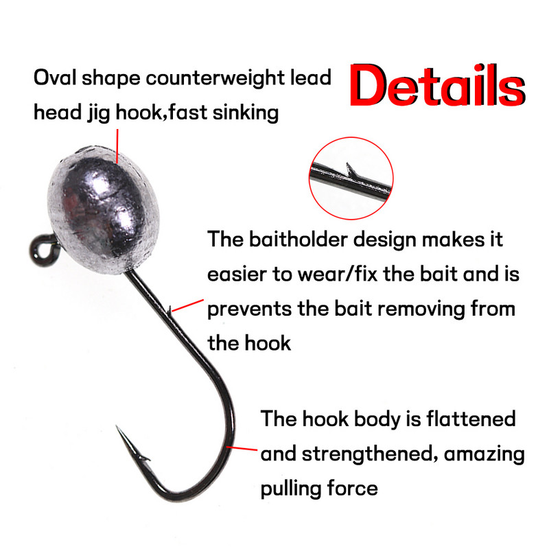 Bimoo 10 τμχ 2g/3g/4g/5g Jig Head Hook Oval Shape Baitholder Design Μαλακό σκουλήκι Bait Lure Γάντζος Jigging για Bass Perch