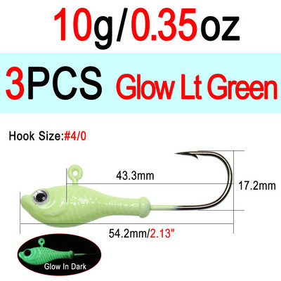 ICERIO 3db 10g 14g 28g Glow horgászcsali fém Swimbait Jig Heads Hook Bucktail Jig Heads Saltwater Jiggling Csalitartó Horog