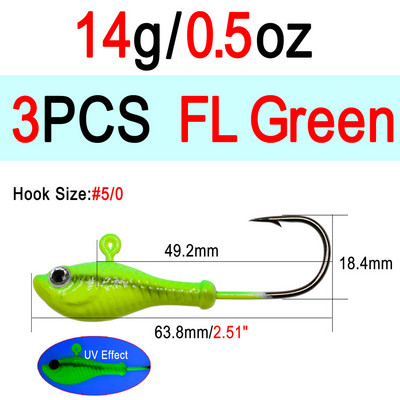 ICERIO 3db 10g 14g 28g Glow horgászcsali fém Swimbait Jig Heads Hook Bucktail Jig Heads Saltwater Jiggling Csalitartó Horog