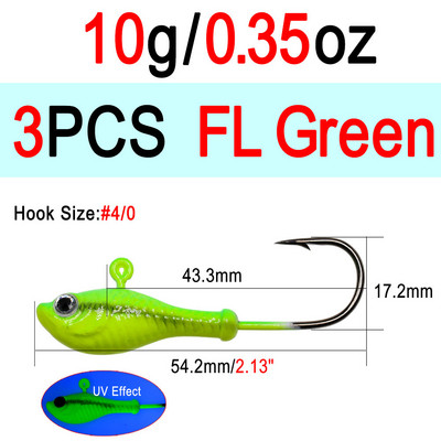 ICERIO 3db 10g 14g 28g Glow horgászcsali fém Swimbait Jig Heads Hook Bucktail Jig Heads Saltwater Jiggling Csalitartó Horog