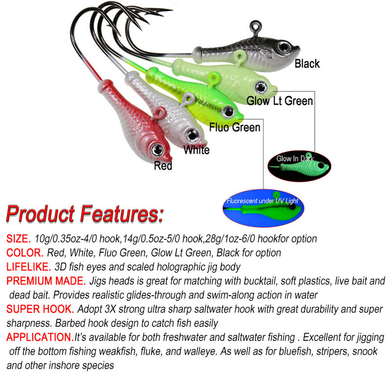 ICERIO 3db 10g 14g 28g Glow horgászcsali fém Swimbait Jig Heads Hook Bucktail Jig Heads Saltwater Jiggling Csalitartó Horog
