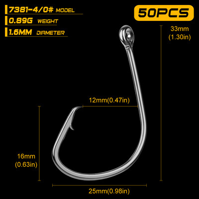 50 tk Proberose kaubamärgiga õngekonksud, musta värvi kaheksajalg/ringikujuline sportlik kalakonks, suur 1#-5/0# suurus bass