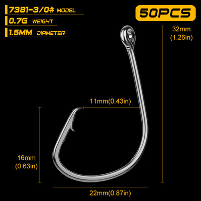 50 tk Proberose kaubamärgiga õngekonksud, musta värvi kaheksajalg/ringikujuline sportlik kalakonks, suur 1#-5/0# suurus bass