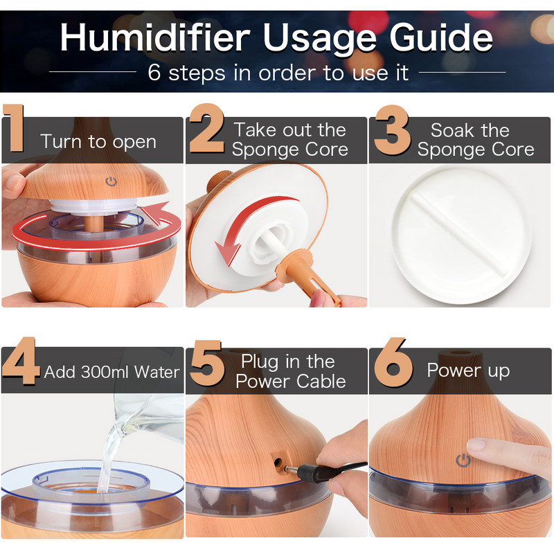 300 ml USB oro drėkintuvas elektrinis aromato difuzorius rūkas medienos grūdų aliejus aromaterapijos mini turi 7 LED lemputes automobilio namų biurui