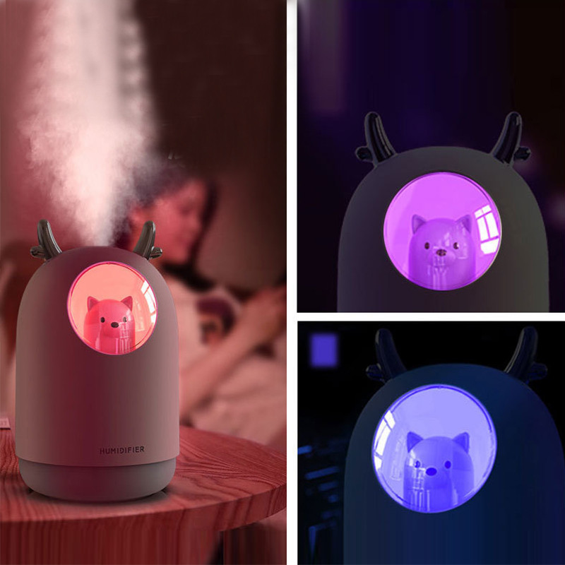 Buitinė technika USB drėkintuvas 300ml Cute Pet Ultragarsinis Cool Mist Aroma Oro Alyvos difuzorius Romantic Color LED Lemp Humidificador