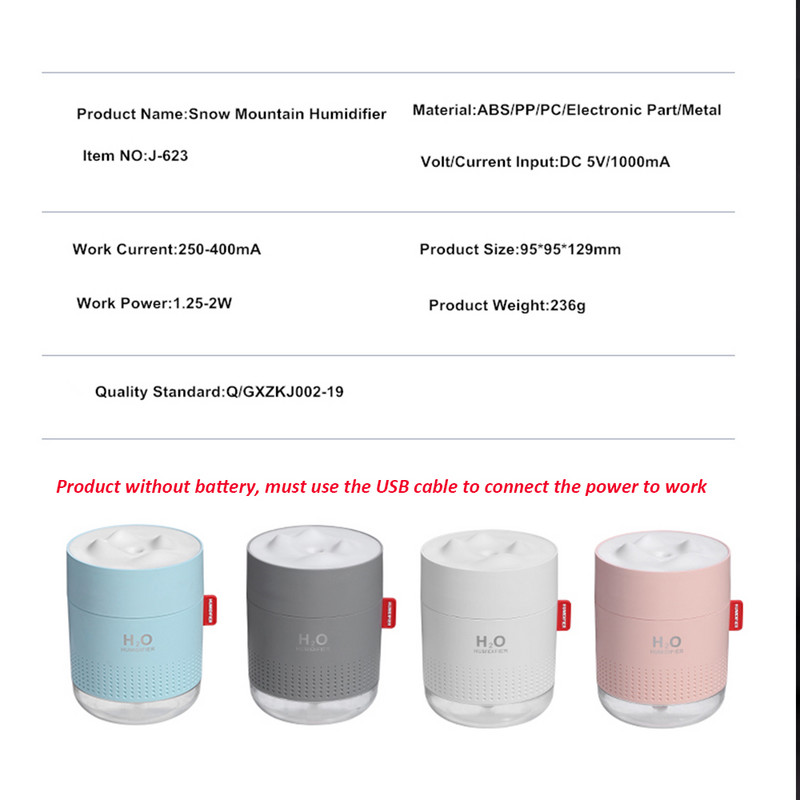 Hordozható ultrahangos párásító 500ml Snow Mountain H2O USB aroma légdiffúzor romantikus éjszakai lámpával Humidificador diffúzorral