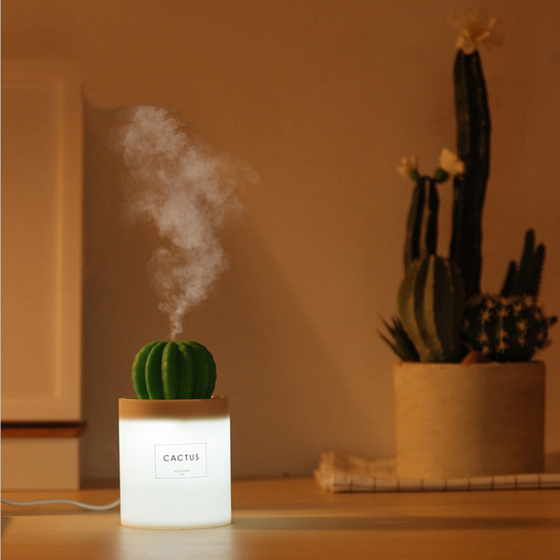 Umidificator de aer de 280 ML Lumină LED moale Cactus Difuzor de ulei esențial de aromă cu ultrasunete pentru mini purificator de aer USB pentru mașină de acasă