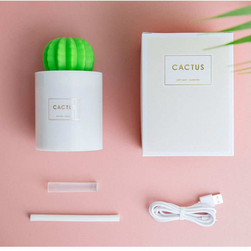Umidificator de aer de 280 ML Lumină LED moale Cactus Difuzor de ulei esențial de aromă cu ultrasunete pentru mini purificator de aer USB pentru mașină de acasă