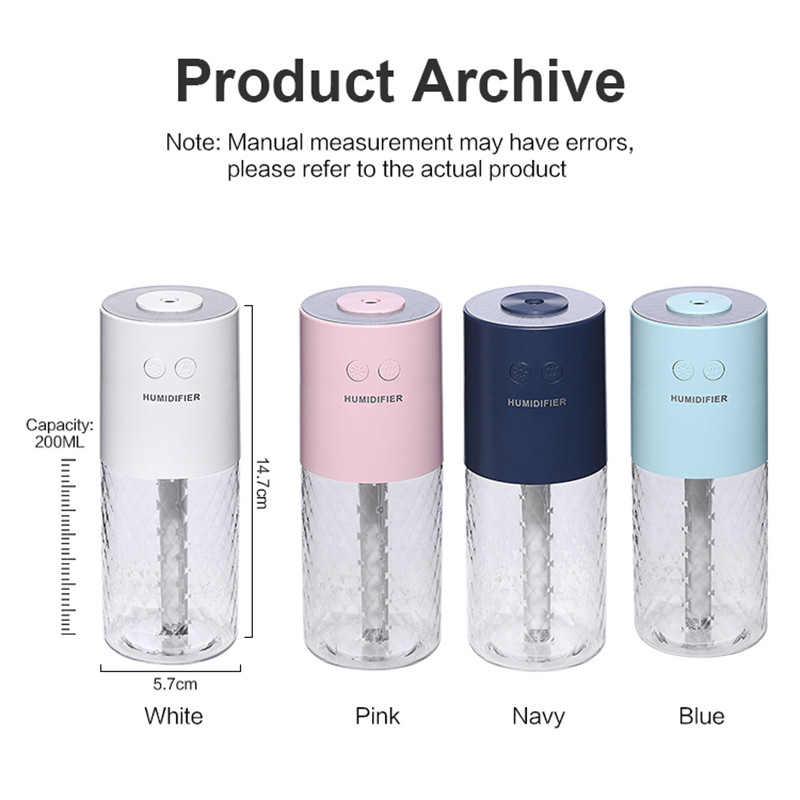 Vezeték nélküli légpárásító mini USB hordozható újratölthető párásító tisztító aromadiffúzor színes vetítőlámpával
