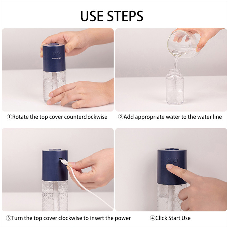 Vezeték nélküli légpárásító mini USB hordozható újratölthető párásító tisztító aromadiffúzor színes vetítőlámpával