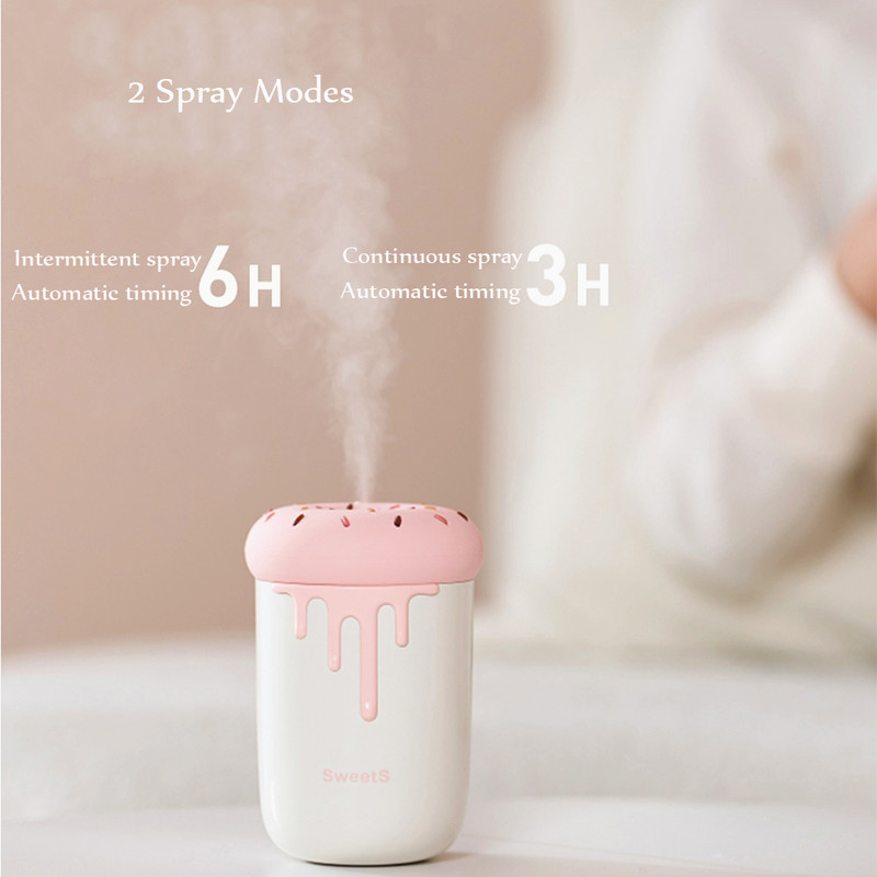250 ml Lovely Donut légpárásító USB aromaterápiás diffúzor romantikus LED lámpával Ultrahangos mini autós vízködkészítő porlasztó