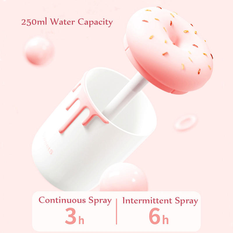 250 ml Lovely Donut légpárásító USB aromaterápiás diffúzor romantikus LED lámpával Ultrahangos mini autós vízködkészítő porlasztó