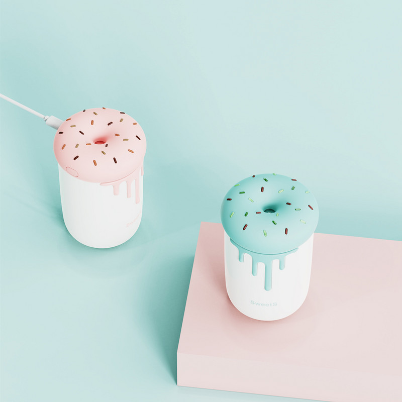 250 ml Lovely Donut légpárásító USB aromaterápiás diffúzor romantikus LED lámpával Ultrahangos mini autós vízködkészítő porlasztó
