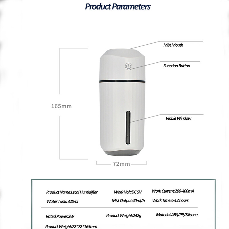 320 ml-es ultrahangos autós párásító Creative Lecai Cup USB Aroma diffúzor levegőtisztító hidratálás 7 színű éjszakai fénnyel