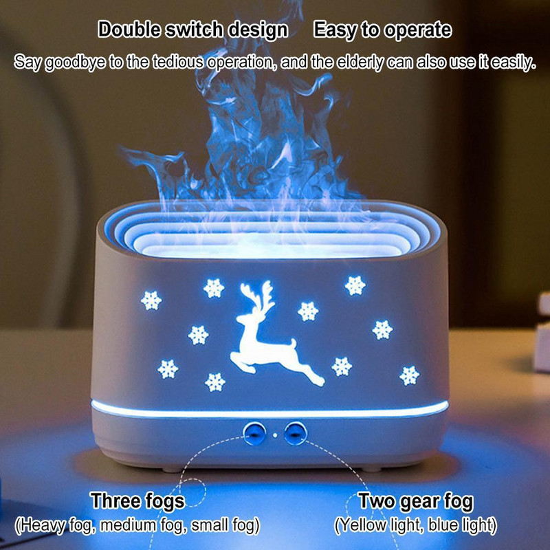 Naujas Flame oro drėkintuvas 300 ml Kalėdų elnių ultragarsinis eterinio aliejaus aromato difuzorius LED šiaurės elnių šalto rūko purkštuvas Kalėdų dovanos