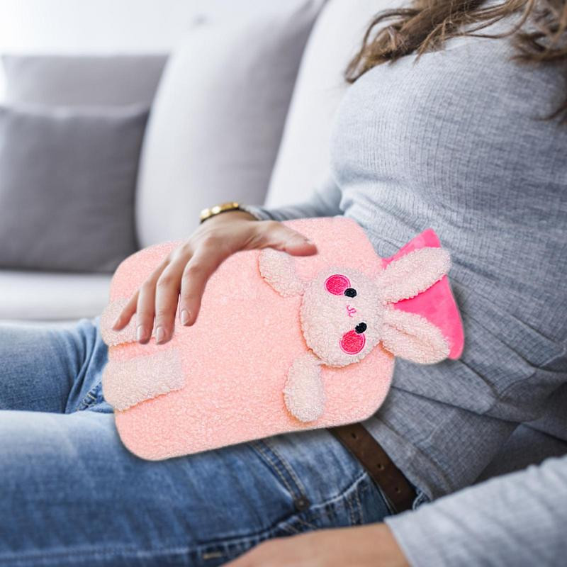 Pungă cu apă caldă pentru iarnă Pungă cu apă caldă de 1 litru cu design iepuraș de pluș Pachet portabil cu apă pentru compresă caldă și rece
